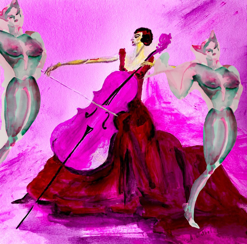 Cellistin mit Pussyhats. Mischtechnik